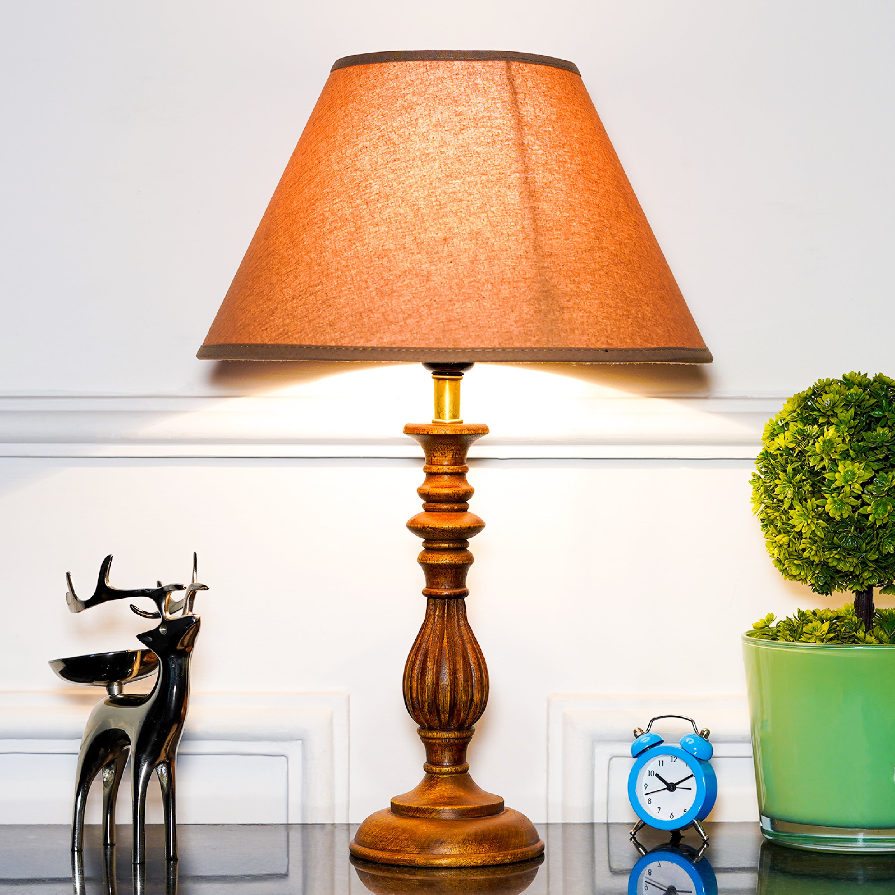 LORETTE hand crafted Solid wood honey finish table lamp With Beige Cot ...