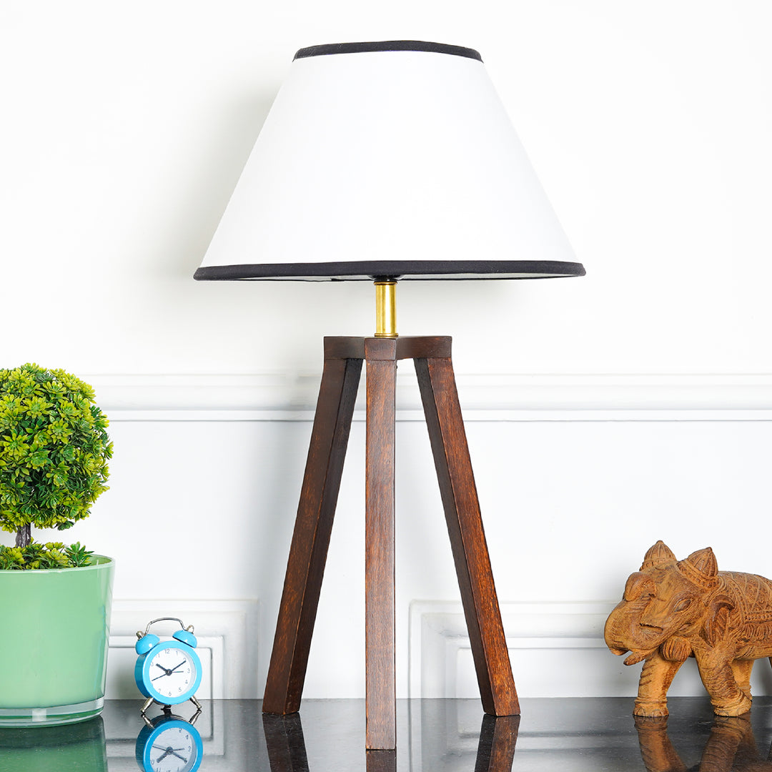 Griffith hand crafted Solid wood walnut finish Tripod Table Lamp White & Black Cotton Shade