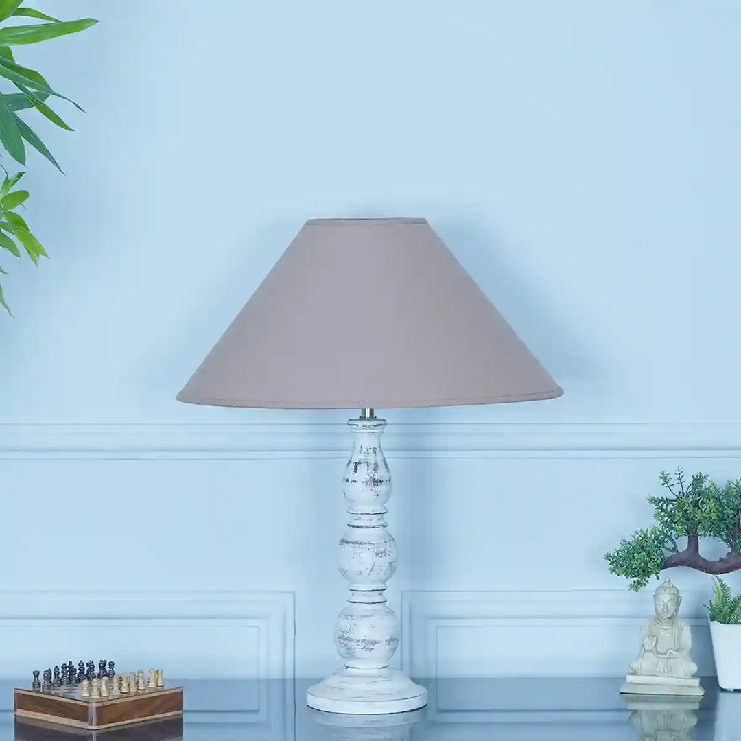 Saki Frosted White Wood Table Lamp With Beige Cotton Shade