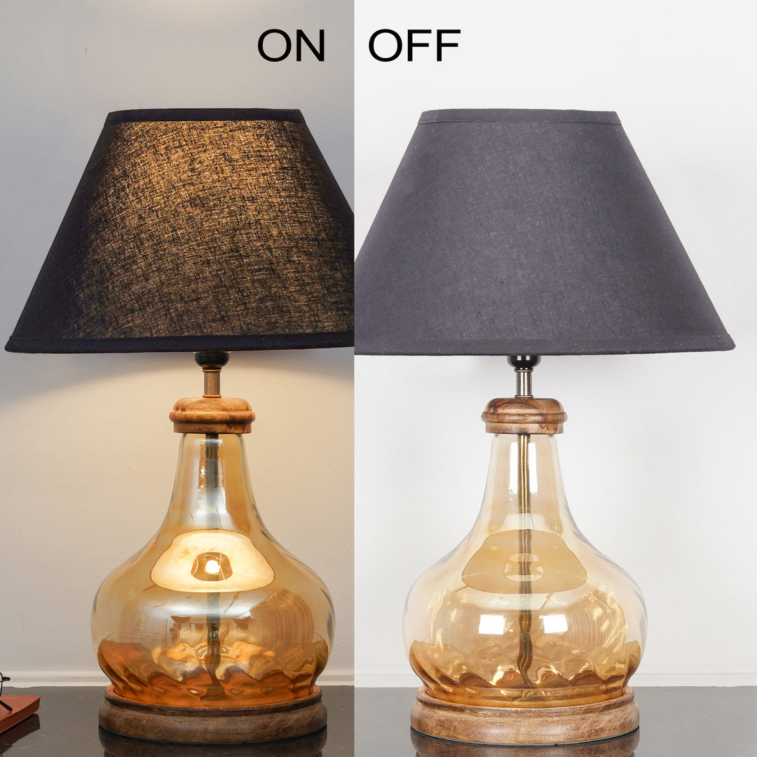 AYANA Brown Finish Wood And Amber  Glass Table Lamp With Beige Cotton Shade