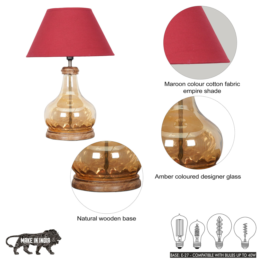 AYANA Brown Finish Wood And Amber  Glass Table Lamp With Beige Cotton Shade