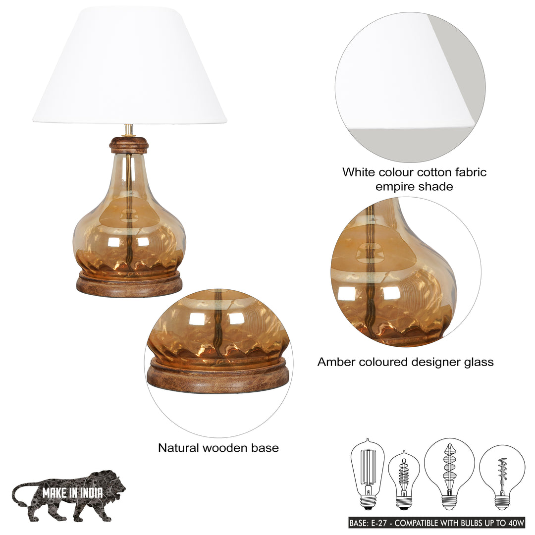 AYANA Brown Finish Wood And Amber  Glass Table Lamp With Beige Cotton Shade