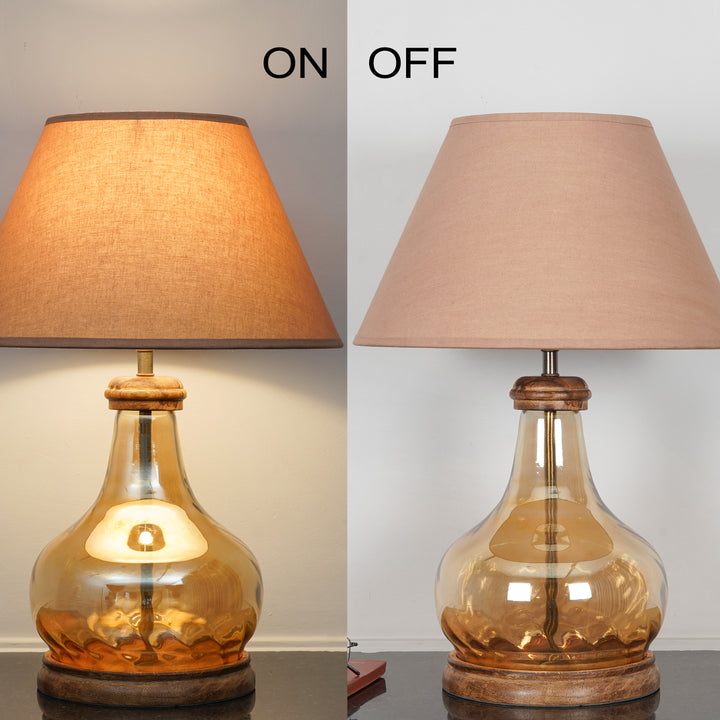 AYANA Brown Finish Wood And Amber  Glass Table Lamp With Beige Cotton Shade