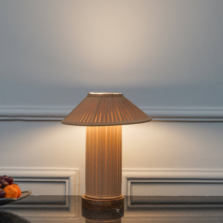 MOULINS Small Beige Color Fabric Table Lamp With Brown Wood