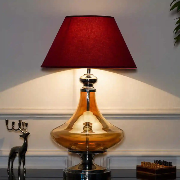 Delicea Gold Luster Metal and Glass Table Lamp With Maroon Cotton Shade