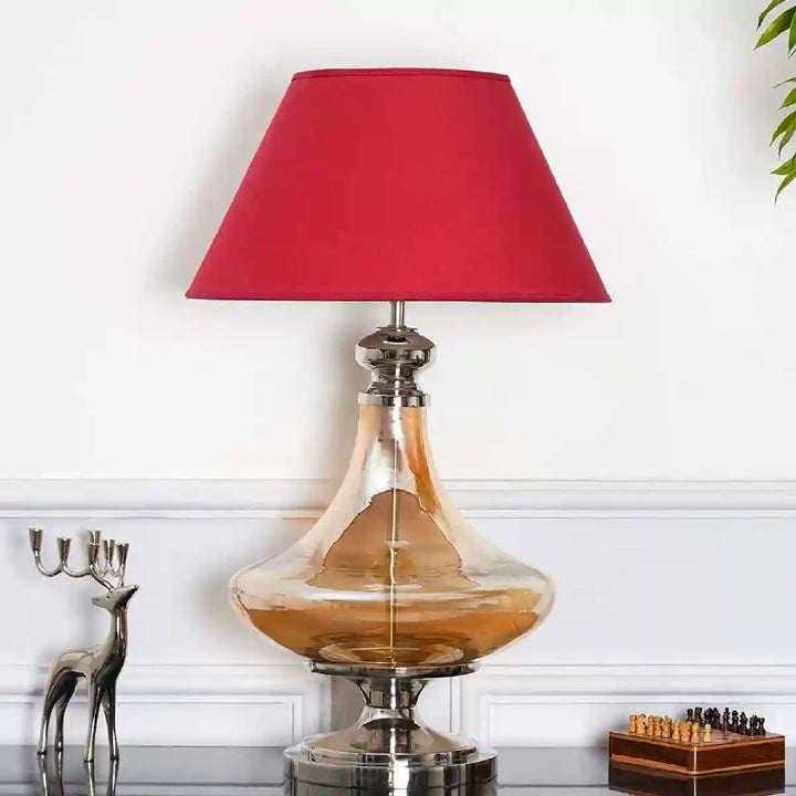 Delicea Gold Luster Metal and Glass Table Lamp With Maroon Cotton Shade