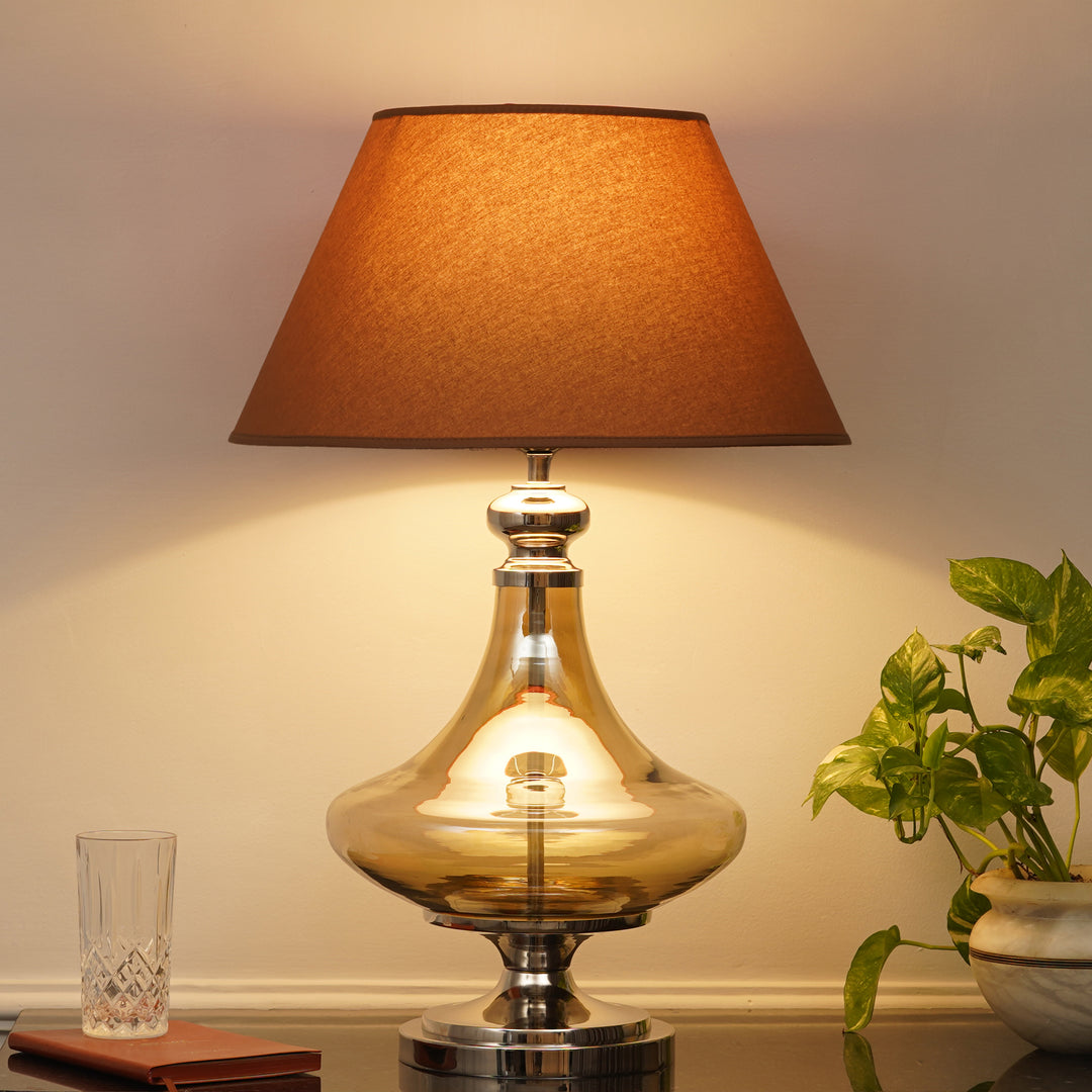 DELICEA Smoke Glass and Chrome Finish Metal Table Lamp With Black Cotton Shade
