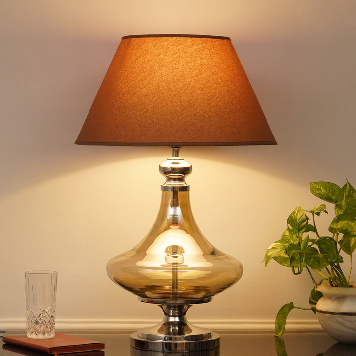 DELICEA Smoke Glass and Chrome Finish Metal Table Lamp With Black Cotton Shade