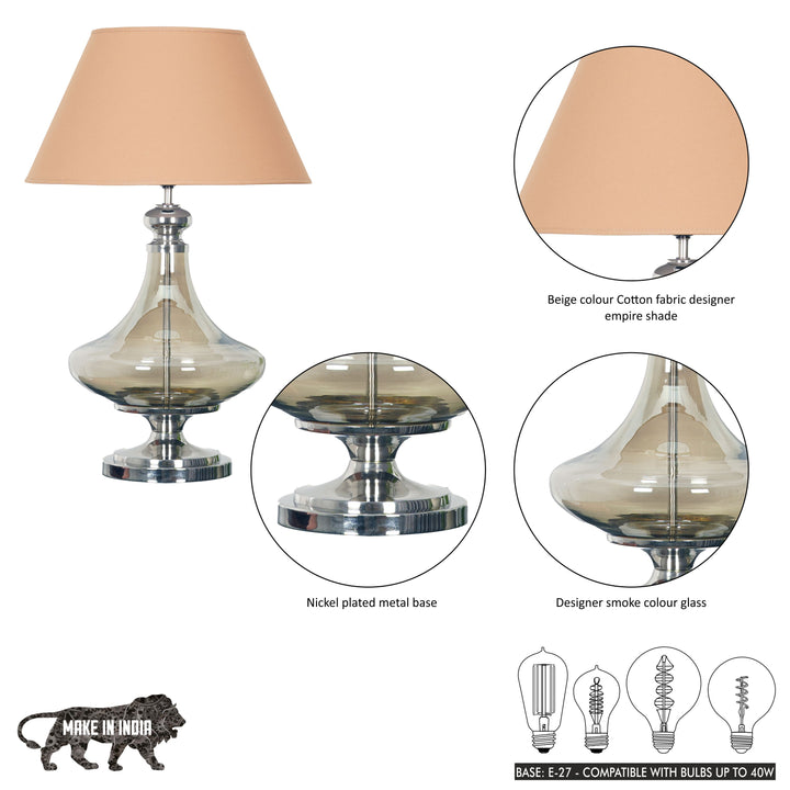 DELICEA Smoke Glass and Chrome Finish Metal Table Lamp With Black Cotton Shade