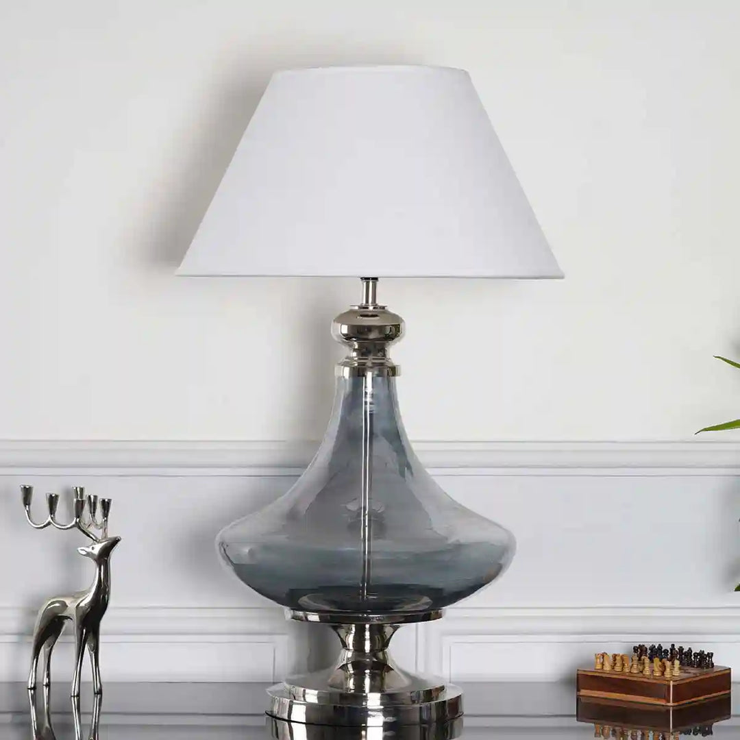 Delicea Blue Luster Metal and Glass Table Lamp With White Cotton Shade