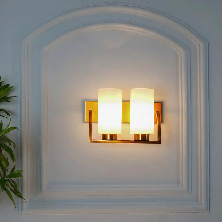 Harvey Dual Light Wall Fitting In Brass Finish Metal With Frosted Glass Shade