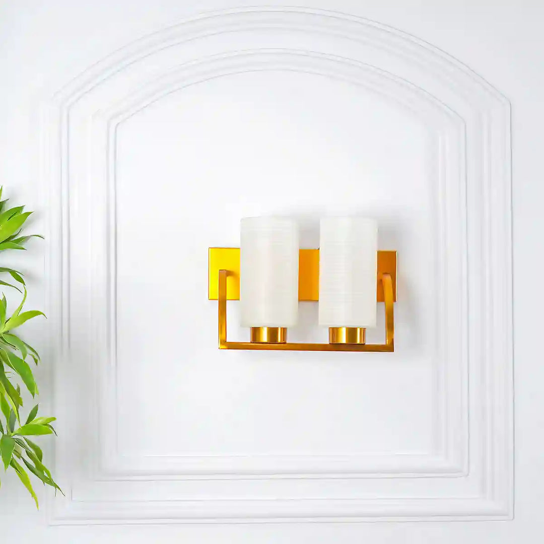 Harvey Dual Light Wall Fitting In Brass Finish Metal With Frosted Glass Shade