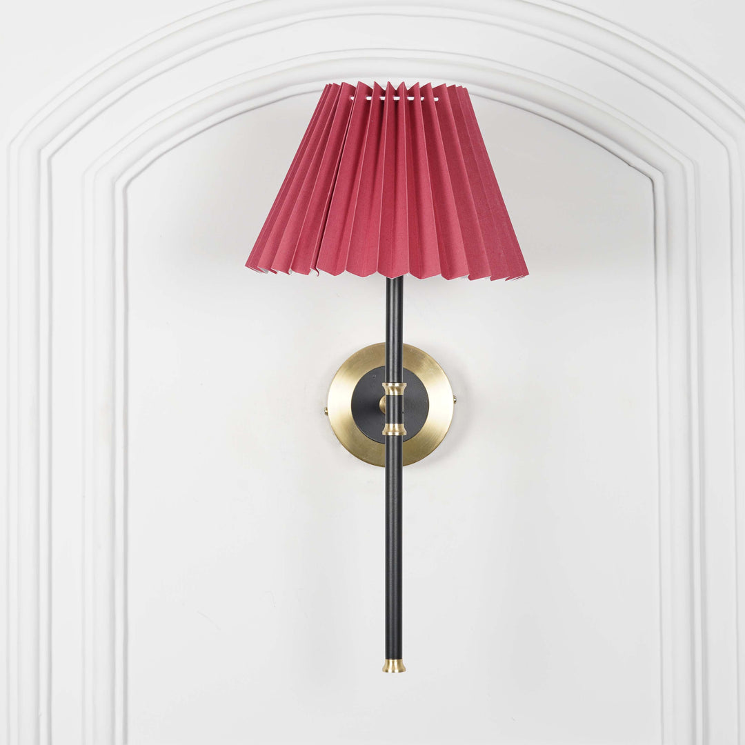 BARBOUR Single Light Wall Fitting in Black & Brass Finish Metal With Maroon Cotton Shade