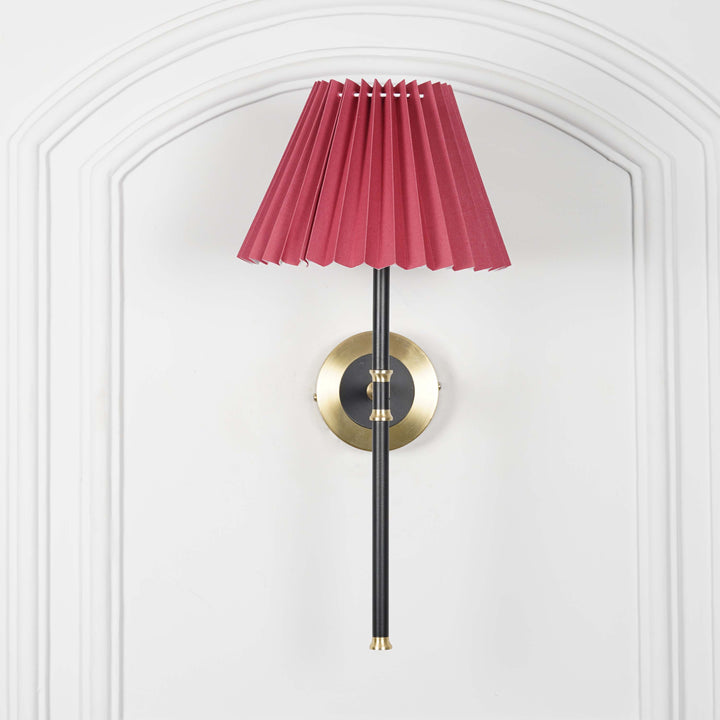 BARBOUR Single Light Wall Fitting in Black & Brass Finish Metal With Maroon Cotton Shade