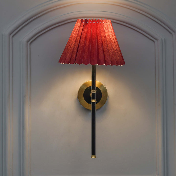 BARBOUR Single Light Wall Fitting in Black & Brass Finish Metal With Maroon Cotton Shade