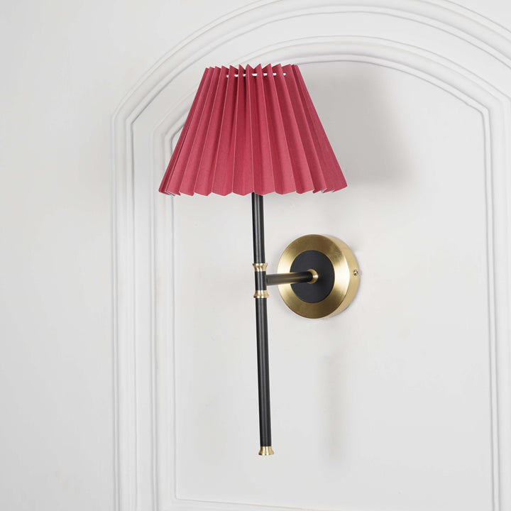 BARBOUR Single Light Wall Fitting in Black & Brass Finish Metal With Maroon Cotton Shade