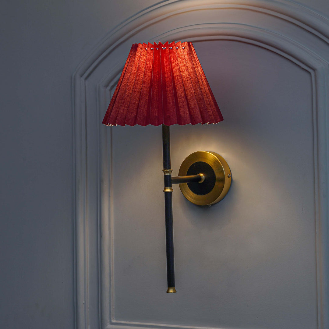 BARBOUR Single Light Wall Fitting in Black & Brass Finish Metal With Maroon Cotton Shade