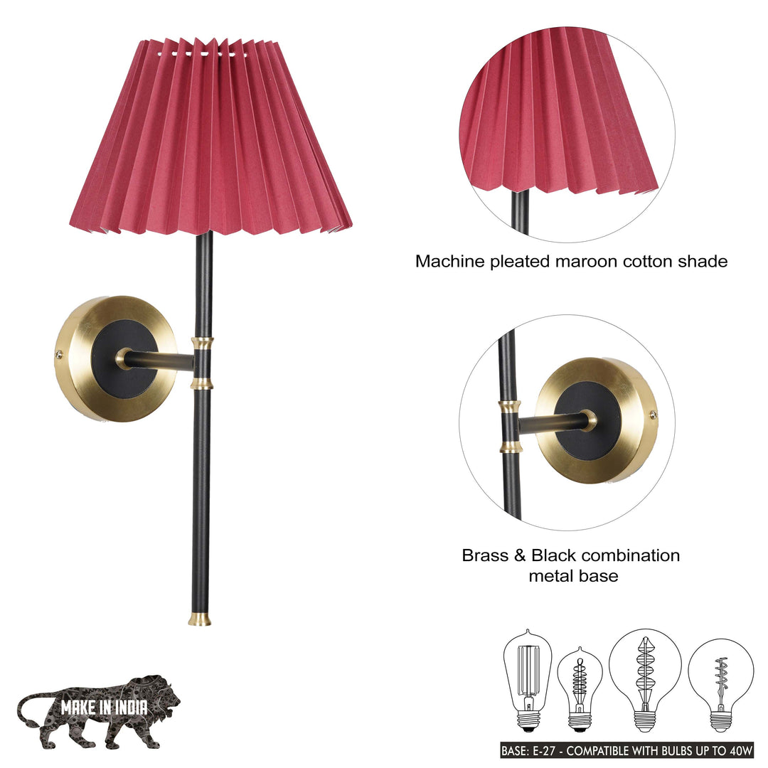 BARBOUR Single Light Wall Fitting in Black & Brass Finish Metal With Maroon Cotton Shade