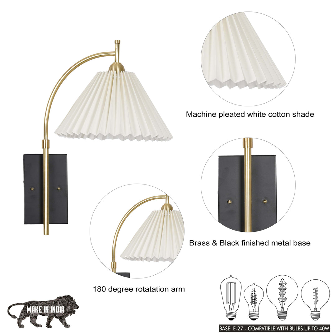 KIANIA Single Light Wall Fitting in Black & Brass Finish Metal With White Cotton Shade