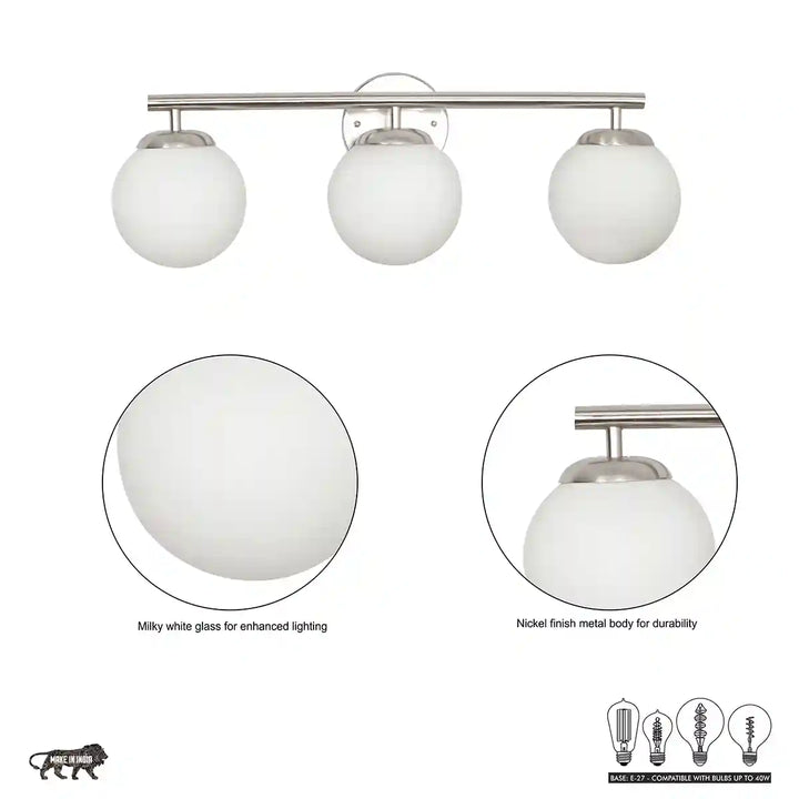 Hollis 3 Light Bathroom Wall Light with Opal Glass In Nickel Finish