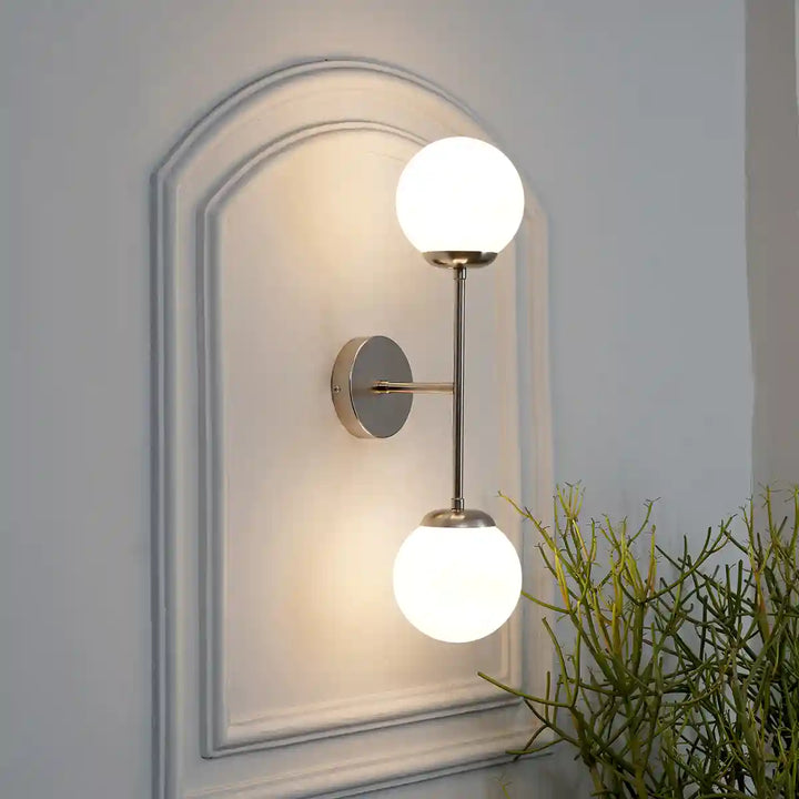 Balts Twin Wall Light in Chrome Finish with Opal Glass Globe Shades