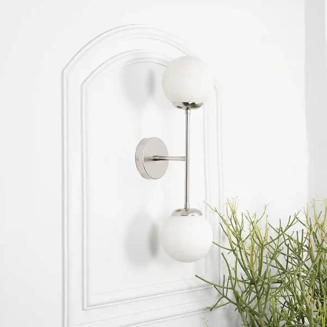 Balts Twin Wall Light in Chrome Finish with Opal Glass Globe Shades