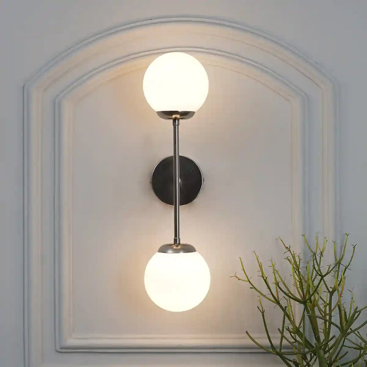 Balts Twin Wall Light in Chrome Finish with Opal Glass Globe Shades