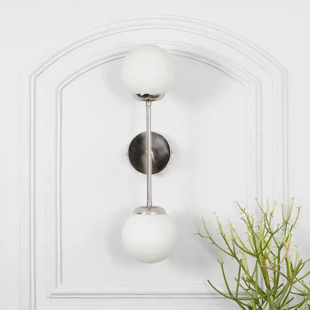 Balts Twin Wall Light in Chrome Finish with Opal Glass Globe Shades