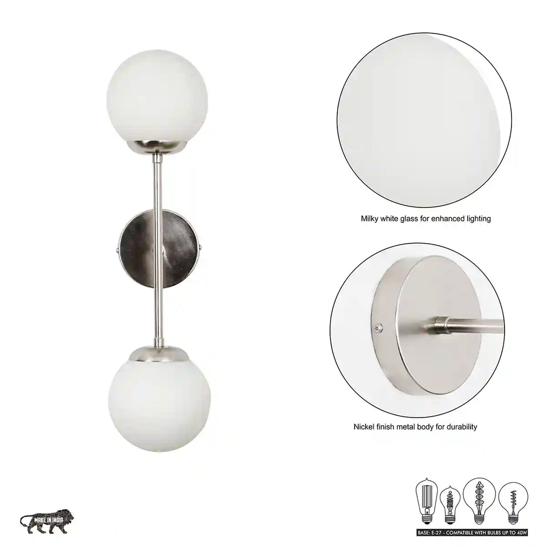 Balts Twin Wall Light in Chrome Finish with Opal Glass Globe Shades