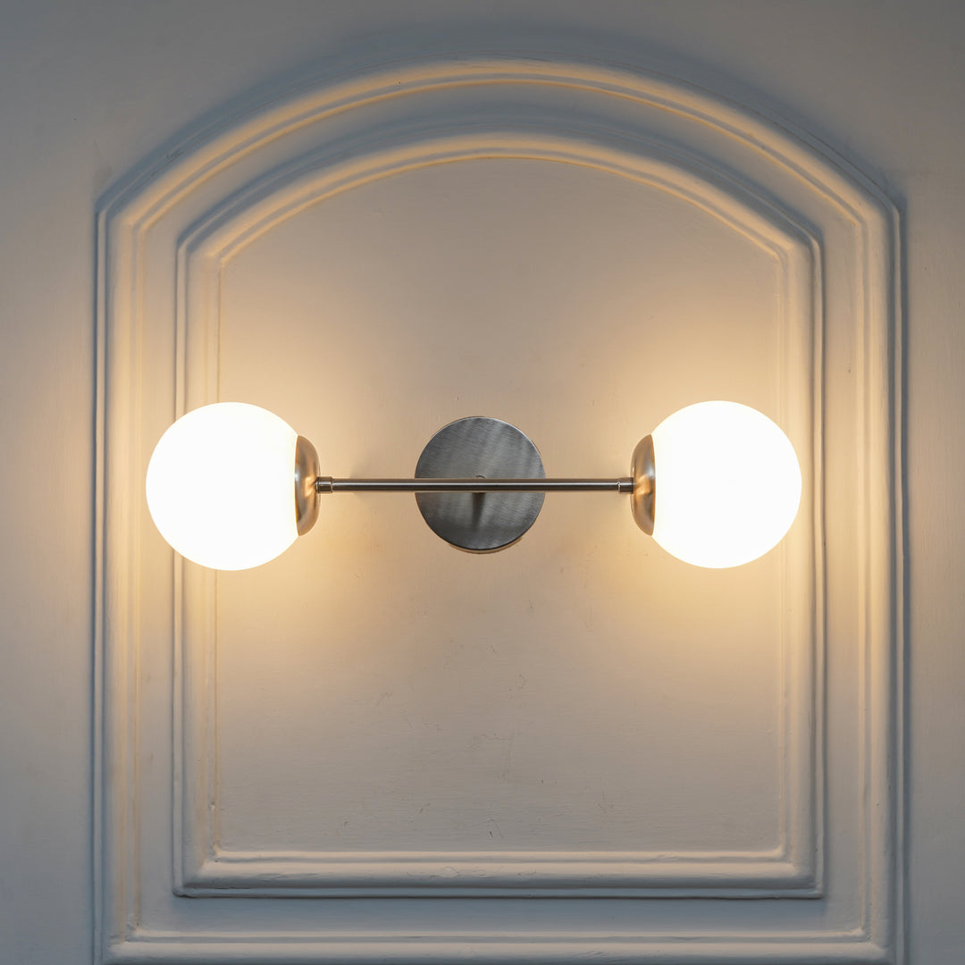 BALTS Twin Wall Mirror Light in Shine Brass Finish with Opal Glass Globe Shades
