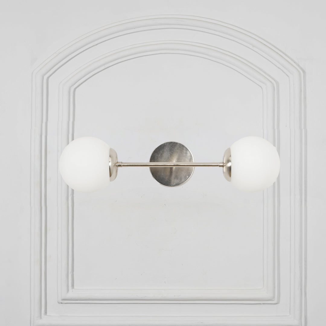 BALTS Twin Wall Mirror Light in Shine Brass Finish with Opal Glass Globe Shades