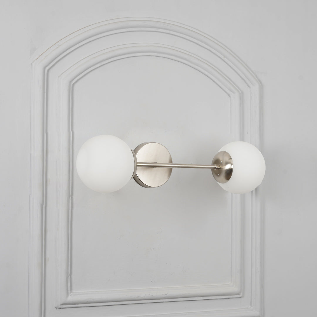 BALTS Twin Wall Mirror Light in Shine Brass Finish with Opal Glass Globe Shades