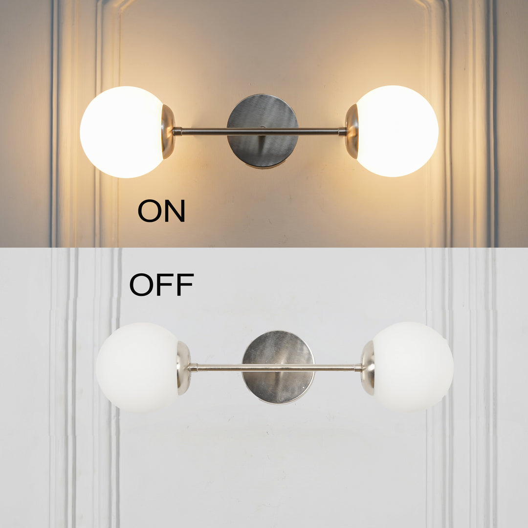 BALTS Twin Wall Mirror Light in Shine Brass Finish with Opal Glass Globe Shades