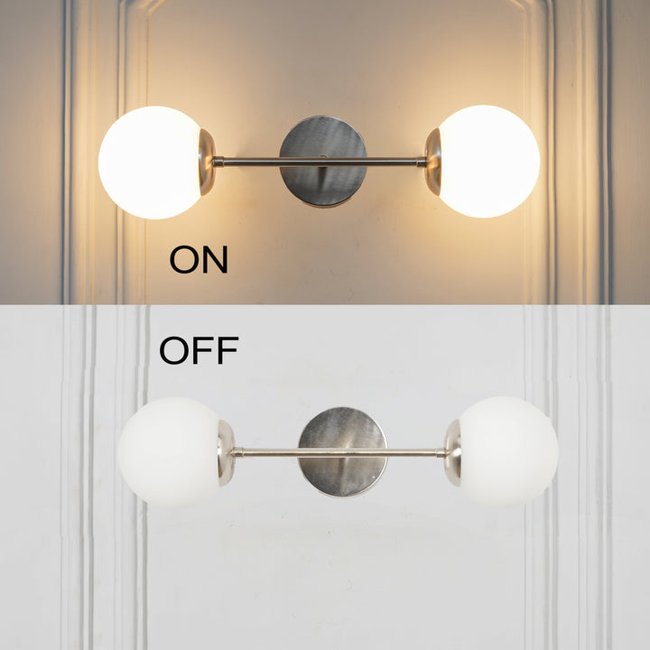 BALTS Twin Wall Mirror Light in Shine Brass Finish with Opal Glass Globe Shades