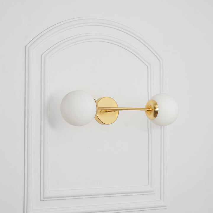 BALTS Twin Wall Mirror Light in Shine Brass Finish with Opal Glass Globe Shades