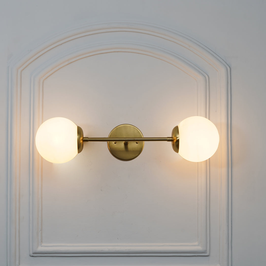BALTS Twin Wall Mirror Light in Shine Brass Finish with Opal Glass Globe Shades