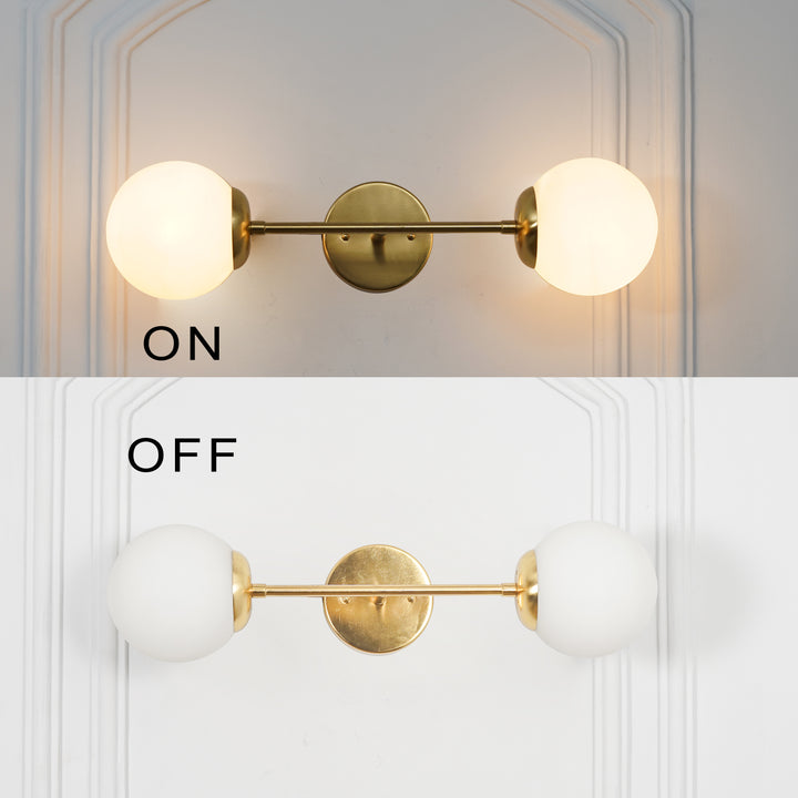 BALTS Twin Wall Mirror Light in Shine Brass Finish with Opal Glass Globe Shades