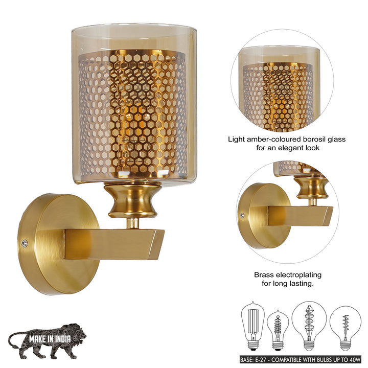 LAMBETH Single Light Wall Fitting In Brass Finish Metal With Amber Glass