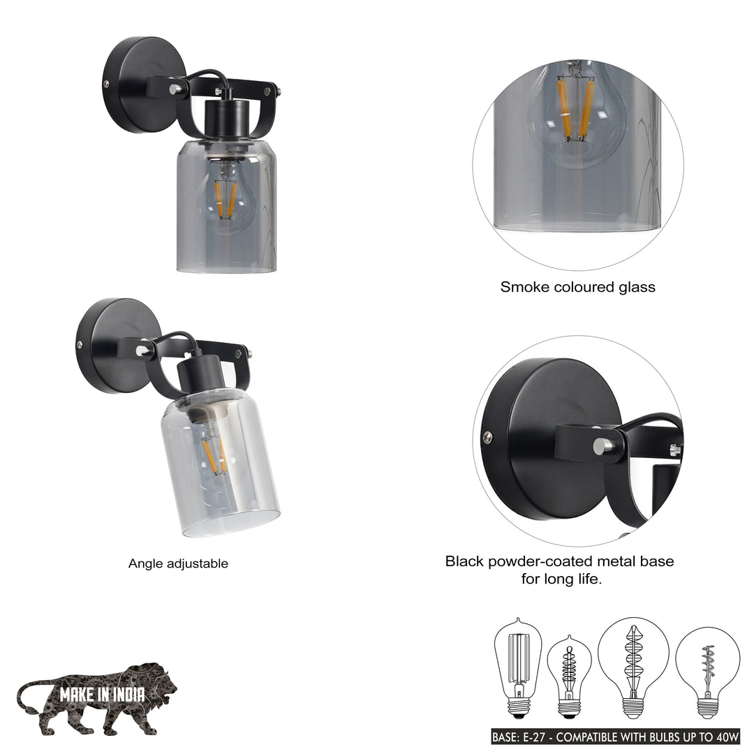 BRAVO Single Light Wall Fitting In Black Finish Metal With Smoke Glass