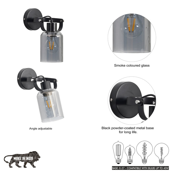 BRAVO Single Light Wall Fitting In Black Finish Metal With Smoke Glass