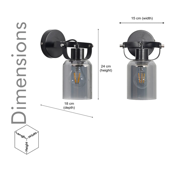 BRAVO Single Light Wall Fitting In Black Finish Metal With Smoke Glass