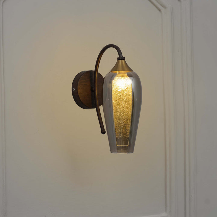 KANIA Single Light Wall Fitting In Brass, Wood Finish Metal With Smoke Glass
