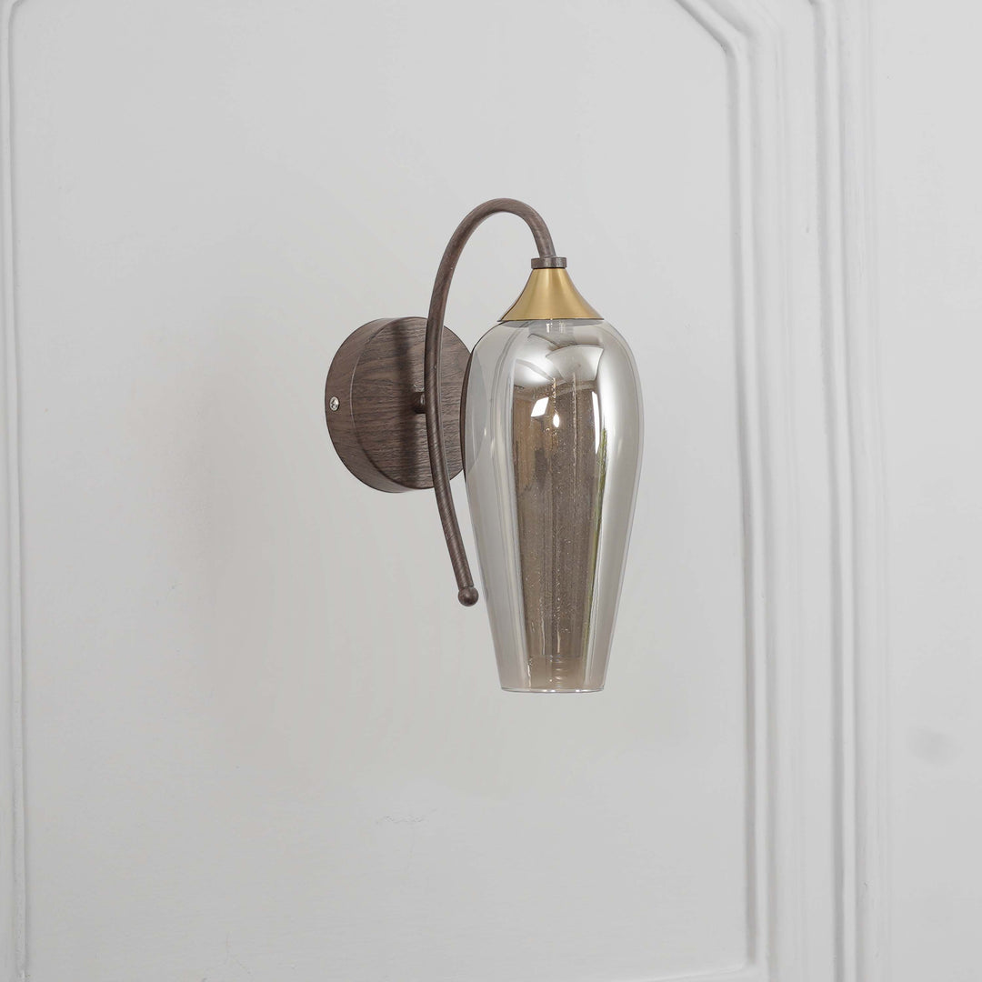 KANIA Single Light Wall Fitting In Brass, Wood Finish Metal With Smoke Glass