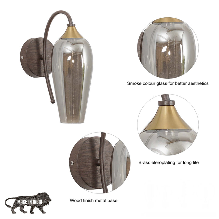 KANIA Single Light Wall Fitting In Brass, Wood Finish Metal With Smoke Glass