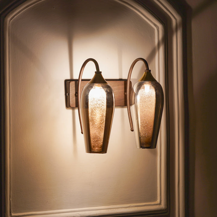 KANIA 2 Light Wall Fitting In Brass And  Wood Finish Metal With Smoke Glass