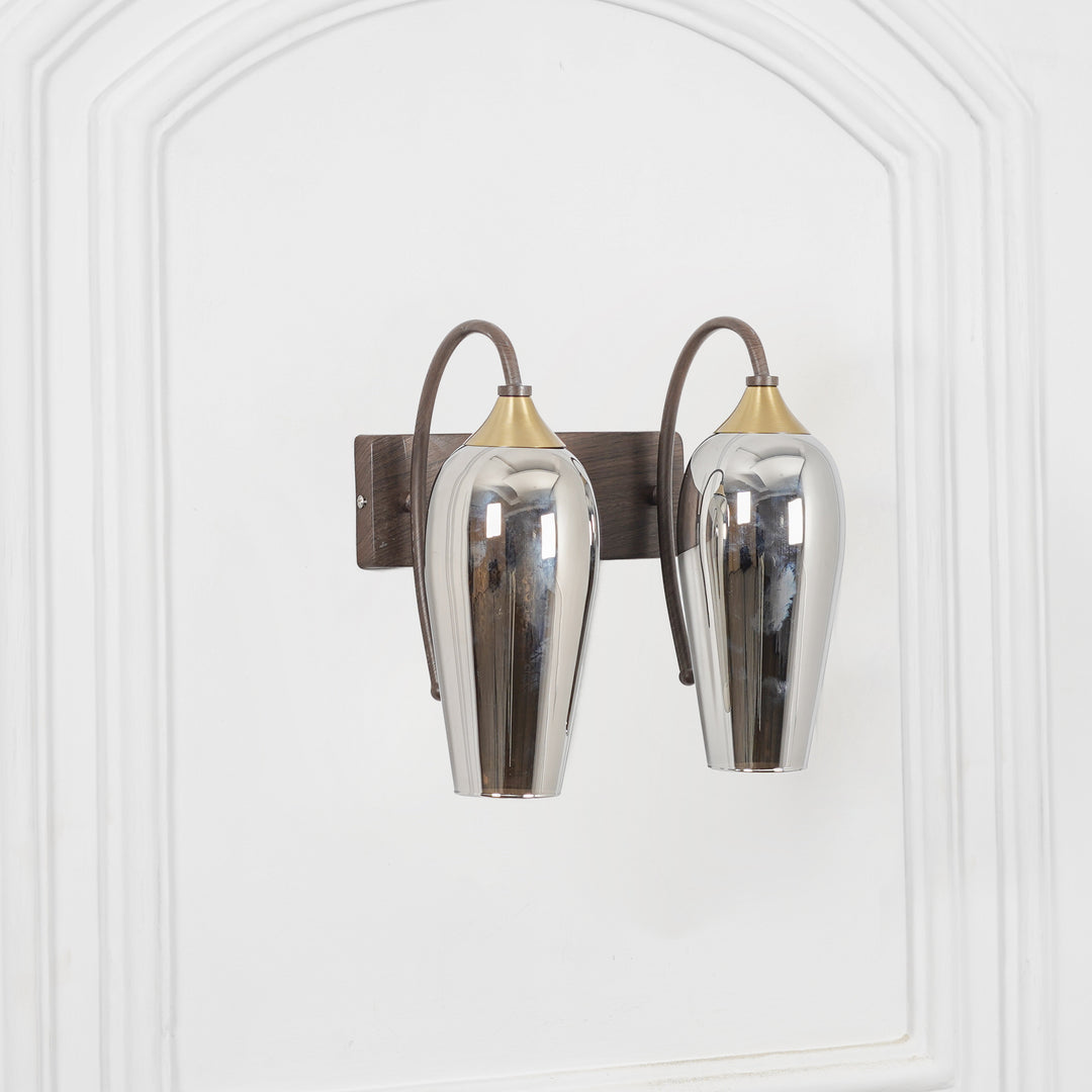 KANIA 2 Light Wall Fitting In Brass And  Wood Finish Metal With Smoke Glass