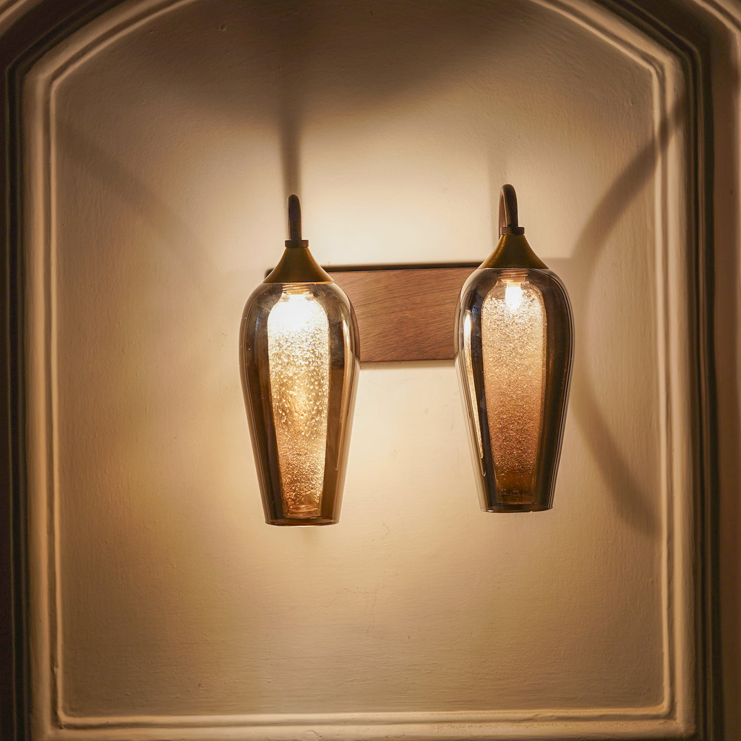 KANIA 2 Light Wall Fitting In Brass And  Wood Finish Metal With Smoke Glass
