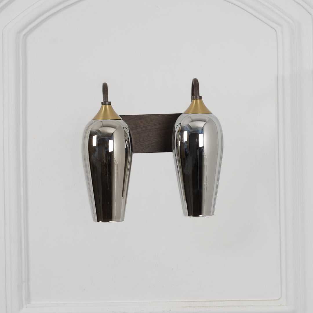 KANIA 2 Light Wall Fitting In Brass And  Wood Finish Metal With Smoke Glass