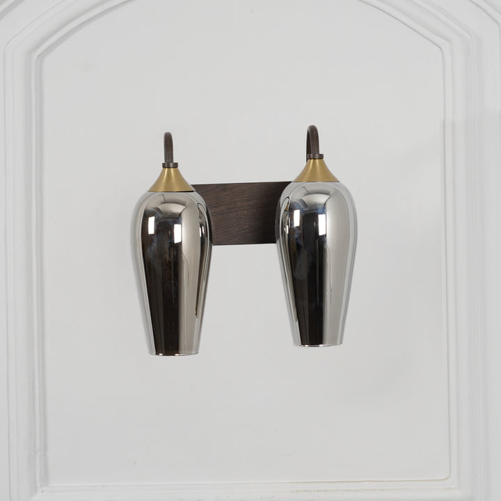 KANIA 2 Light Wall Fitting In Brass And  Wood Finish Metal With Smoke Glass