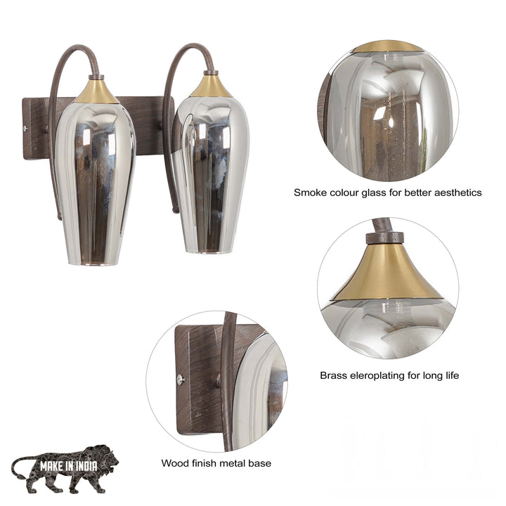 KANIA 2 Light Wall Fitting In Brass And  Wood Finish Metal With Smoke Glass